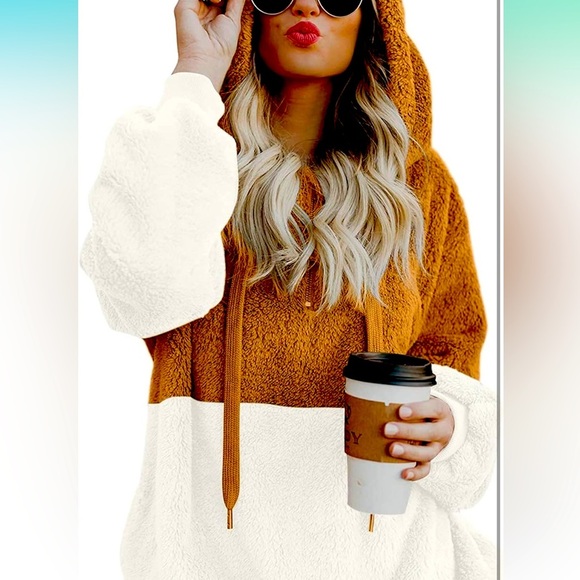 LONGYUAN Fuzzy Cozy Brown and White Sherpa Hoodie with pockets, size 2X - Picture 2 of 8